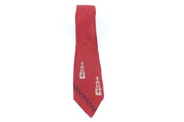 Vintage 50s Rockabilly Distressed Silk Brocade Geometric 5 Fold Neck Tie Red USA - £19.37 GBP