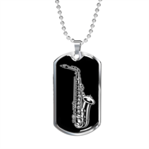 Musician Necklace Saxophone Silver Necklace Stainless Steel or 18k Gold Dog Tag - £37.84 GBP+