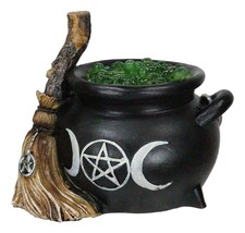 Wicca Triple Moon Goddess Pentagram LED Light Cauldron And Broomstick Figurine - £24.76 GBP