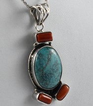 925 Sterling Silver Turquoise &amp; Coral Gemstone Handmade PendantHer Gift PSV-2532 - £38.58 GBP+