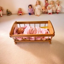 Handmade Baby Doll Cradle Vtg 80s Heavy Honey Oak Wood 22&quot; Padding Quilt... - £97.89 GBP
