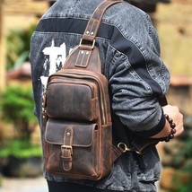 Vintage Leather Men Chest Bag Zip Closure Shoulder Sling Male Crossbody ... - £44.72 GBP+