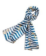 Blue and White Stripe with Gold Anchor Pattern Silk Feel Scarf - £11.69 GBP
