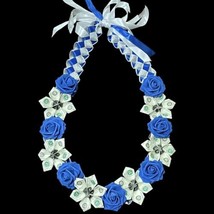 Graduation Money Lei Flower Crisp Bills Blue &amp; White Silver Four Braided Ribbons - £67.11 GBP