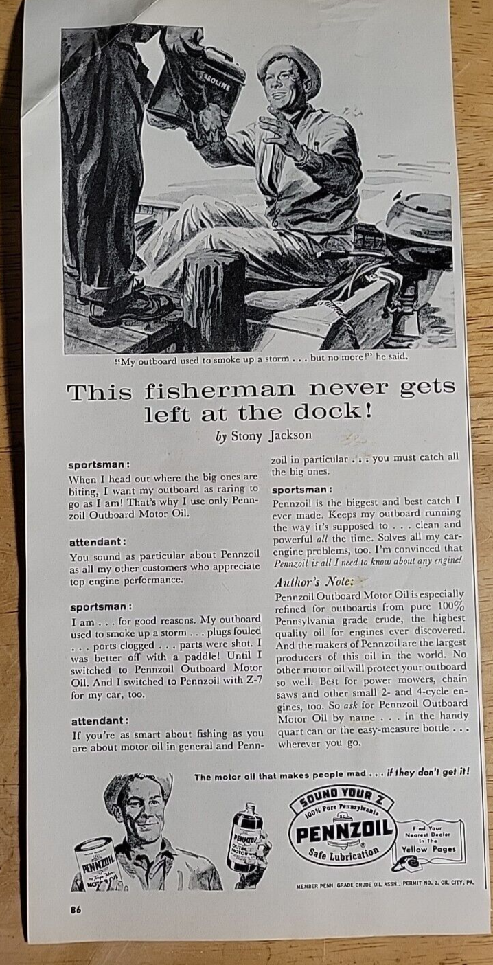Vintage Ad Pennzoil 'This Fisherman Never Gets Left At The Dock' 1965 - $8.59
