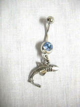 New Pewter Top View Great White Shark Charm On 14g Baby Blue Cz Gem Belly Ring - £4.78 GBP