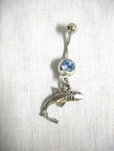 New Pewter Top View Great White Shark Charm On 14g Baby Blue Cz Gem Belly Ring - £4.81 GBP