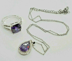Vintage Silver Tone Amethyst Glass Gemstone Necklace &amp; Ring Demi-parure Set - £12.04 GBP