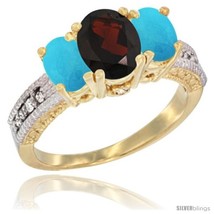 Size 5 - 10K Yellow Gold Ladies Oval Natural Garnet 3-Stone Ring with Turquoise  - £436.24 GBP