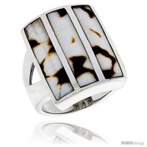 Size 7.5 - Sterling Silver Striped Rectangular Shell Ring, w/Brown &amp; White  - £45.13 GBP