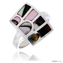 Size 7 - Sterling Silver Striped Rectangular Shell Ring, w/Colorful Mother of  - £29.06 GBP