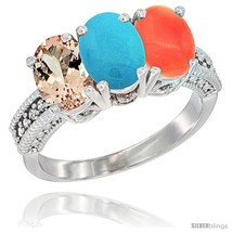 Size 8 - 14K White Gold Natural Morganite, Turquoise &amp; Coral Ring 3-Stone Oval  - £615.96 GBP