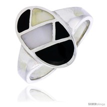 Size 8.5 - Sterling Silver Oval Shell Ring, w/Black &amp; White Mother of Pearl  - £23.30 GBP