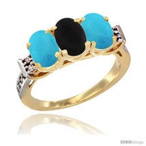 Size 6.5 - 10K Yellow Gold Natural Black Onyx &amp; Turquoise Sides Ring 3-Stone  - £472.79 GBP