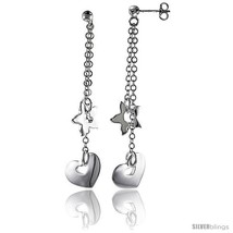 Sterling Silver Starfish &amp; Heart Dangling Earrings, 2in  (50 mm)  - £58.80 GBP