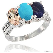 Size 6 - 14K White Gold Natural Morganite, Turquoise &amp; Lapis Ring 3-Stone Oval  - $773.41