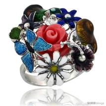 Size 6 - Sterling Silver Multi Color Enamel Butterfly &amp; Flowers Ring, 15/16 in.  - $131.63