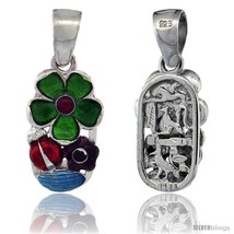 Sterling Silver Multi Color Enamel Lady Bug &amp; Flowers Pendant, 13/16 in. (21  - £42.09 GBP