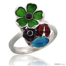 Size 8 - Sterling Silver Multi Color Enamel Lady Bug &amp; Flowers Ring, 3/4... - £60.66 GBP