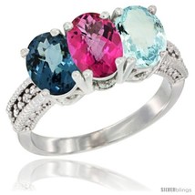 Natural london blue topaz pink topaz aquamarine ring 3 stone 7x5 mm oval diamond accent thumb200