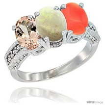 Size 9 - 14K White Gold Natural Morganite, Opal &amp; Coral Ring 3-Stone Oval 7x5  - £594.38 GBP