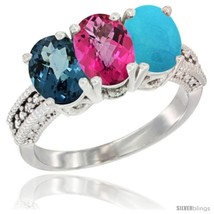 Size 10 - 14K White Gold Natural London Blue Topaz, Pink Topaz &amp; Turquoise Ring  - £563.47 GBP