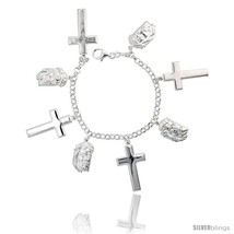 Length 7 - Sterling Silver Charm Bracelet w/ Crosses &amp; Jesus with Crown of  - £72.17 GBP