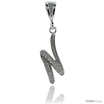 Sterling Silver Large Script Initial Letter N Pendant w/ Cubic Zirconia Stones,  - £44.29 GBP