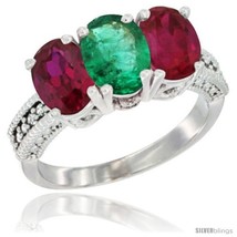 Size 7.5 - 14K White Gold Natural Emerald &amp; Ruby Sides Ring 3-Stone Oval 7x5 mm  - £595.61 GBP