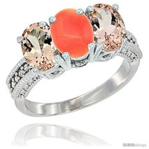 Size 10 - 14K White Gold Natural Coral &amp; Morganite Sides Ring 3-Stone Oval 7x5  - £622.68 GBP