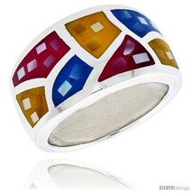 Size 6.5 - Sterling Silver Dome Band, w/Colorful Mother of Pearl Inlay, 1/2in   - £44.88 GBP