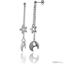 Sterling Silver Heart Cut Outs in Crescent Moon & Star Dangling Earrings, 2in   - $73.57