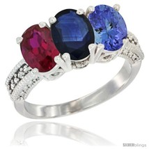 Size 9 - 14K White Gold Natural Ruby, Blue Sapphire &amp; Tanzanite Ring 3-Stone  - $816.85