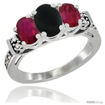 Size 7.5 - 14K White Gold Natural Black Onyx &amp; Ruby Ring 3-Stone Oval with  - £570.15 GBP