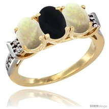Size 5 - 10K Yellow Gold Natural Black Onyx &amp; Opal Sides Ring 3-Stone Oval 7x5  - £431.27 GBP