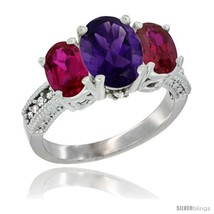 Size 5 - 14K White Gold Ladies 3-Stone Oval Natural Amethyst Ring with Ruby  - $823.16