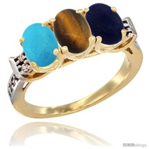 Size 9.5 - 10K Yellow Gold Natural Turquoise, Tiger Eye &amp; Lapis Ring 3-Stone  - £444.19 GBP