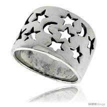 Size 9.5 - Sterling Silver Flat Cigar Band Ring w/ Moons &amp; Stars Cut-out... - £30.91 GBP