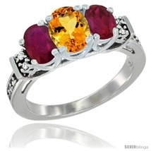 Size 6 - 14K White Gold Natural Citrine &amp; Ruby Ring 3-Stone Oval with Diamond  - £576.48 GBP
