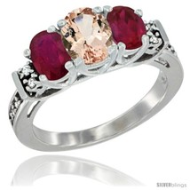 Size 7.5 - 14K White Gold Natural Morganite &amp; Ruby Ring 3-Stone Oval with  - £593.61 GBP