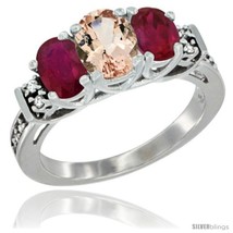 Size 8.5 - 14K White Gold Natural Morganite &amp; Ruby Ring 3-Stone Oval with  - £597.27 GBP