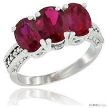 Size 5.5 - 14K White Gold Natural Ruby Ring 3-Stone Oval 7x5 mm Diamond  - £590.12 GBP