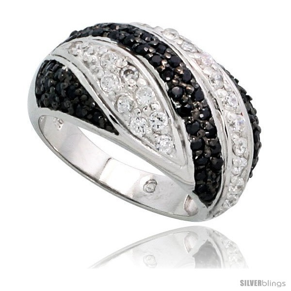Size 9 - Sterling Silver Striped Dome Ring w/ Black & White CZ Stones, 1/2in   - £61.31 GBP