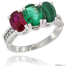 Size 8 - 14K White Gold Natural Ruby, Emerald &amp; Malachite Ring 3-Stone Oval 7x5  - £605.91 GBP