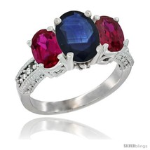 Size 7.5 - 14K White Gold Ladies 3-Stone Oval Natural Blue Sapphire Ring with  - £726.00 GBP