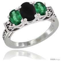 Size 10 - 14K White Gold Natural Black Onyx &amp; Emerald Ring 3-Stone Oval with  - £599.13 GBP