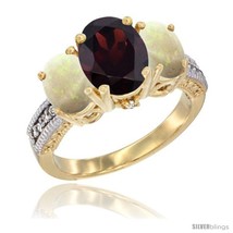 Size 8 - 10K Yellow Gold Ladies 3-Stone Oval Natural Garnet Ring with Opal  - £488.86 GBP