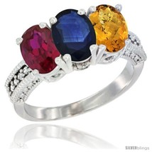 Size 8.5 - 14K White Gold Natural Ruby, Blue Sapphire &amp; Whisky Quartz Ring  - £617.47 GBP