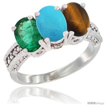  white gold natural emerald turquoise tiger eye ring 3 stone 7x5 mm oval diamond accent thumb200
