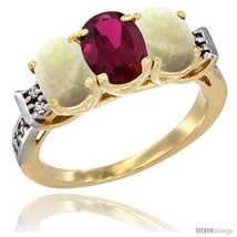 Size 5.5 - 10K Yellow Gold Natural Ruby &amp; Opal Sides Ring 3-Stone Oval 7x5 mm  - £444.28 GBP